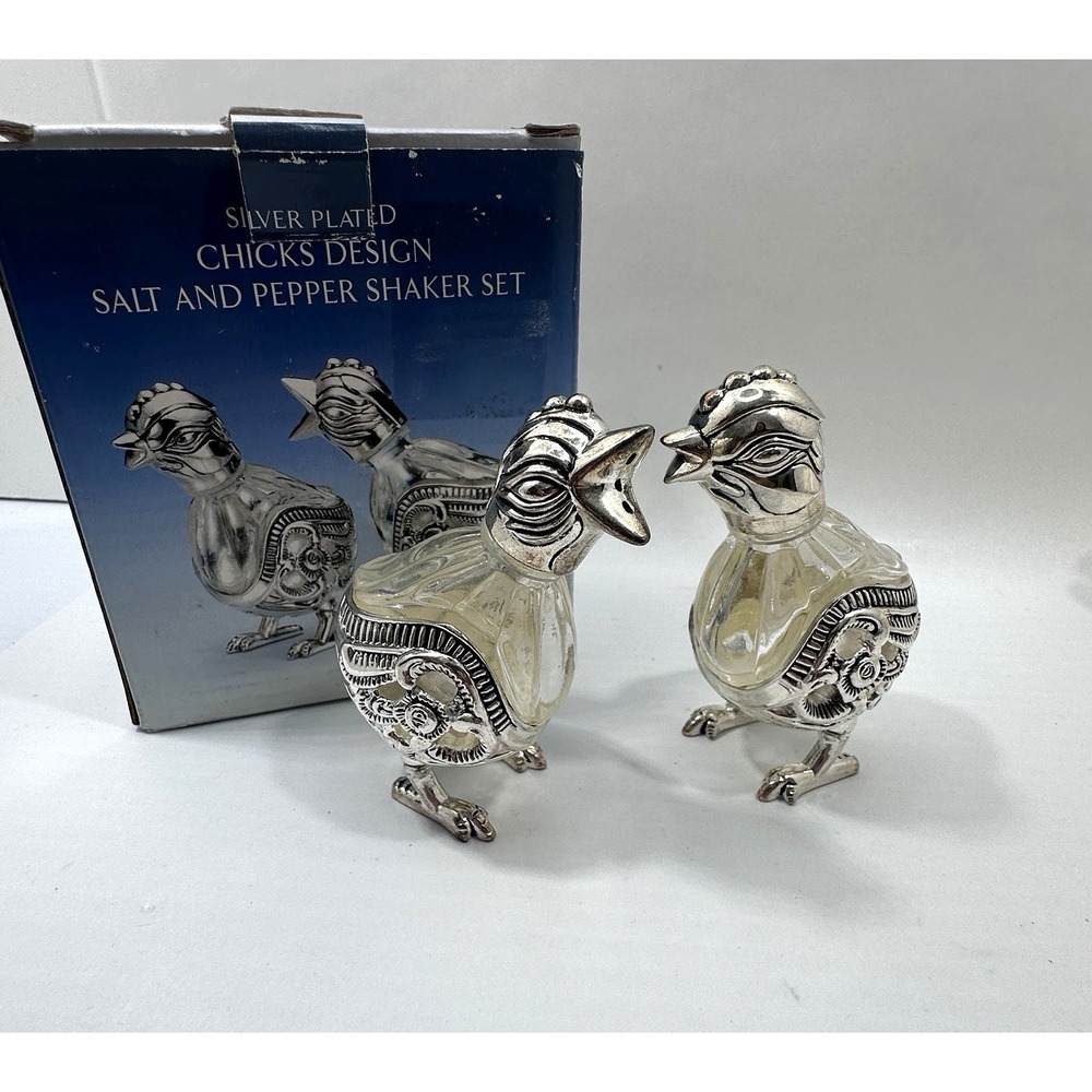 Vintage Godinger Silver Art Chick‎ Salt & Pepper Shakers Glass Silver Plate IOB